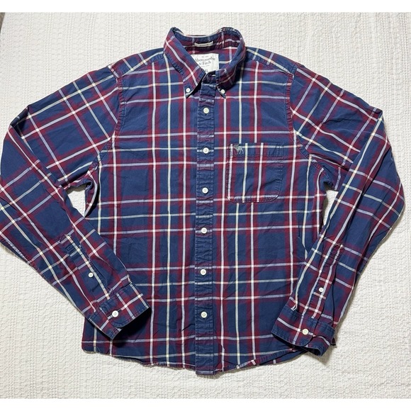 Y2K Abercrombie & Fitch Mens Plaid Button Up Shirt Sz XXL Navy Muscle Fit (B6) - Picture 2 of 8